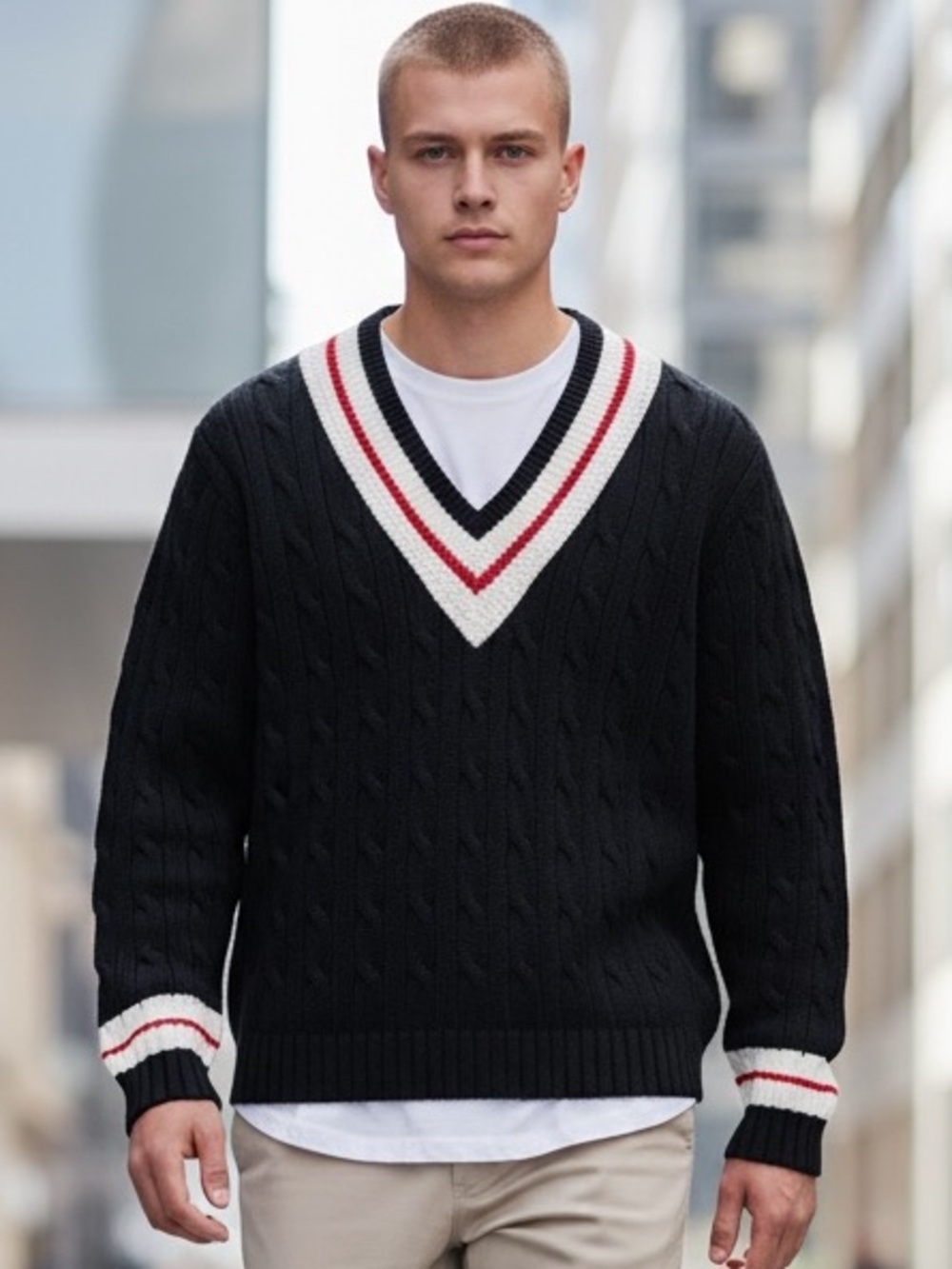 Men's Lord & Taylor Navy V-Neck Cable Knit Sweater with Stripe Trim XL